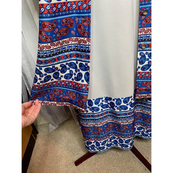 maxi dress with patterned yoke boho with coat 70s Vintage white blue red - Picture 9 of 16